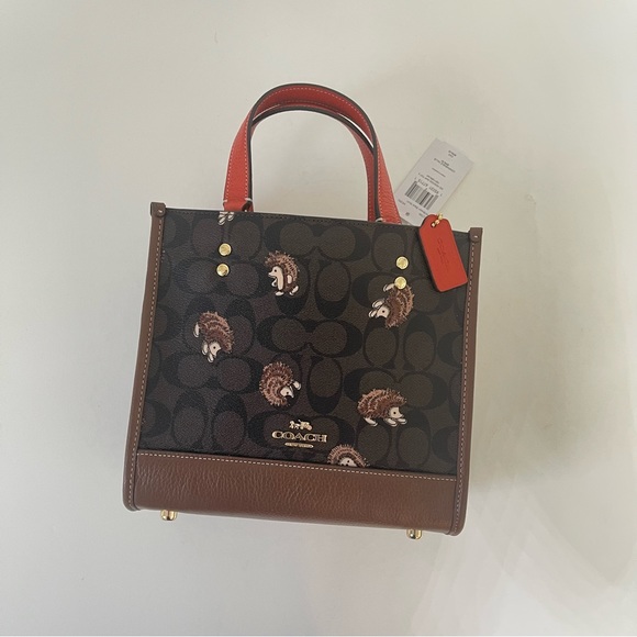 Coach Dempsey Tote 22 In Signature Canvas With Hedgehog Print In Brown Black NWT - Picture 8 of 16